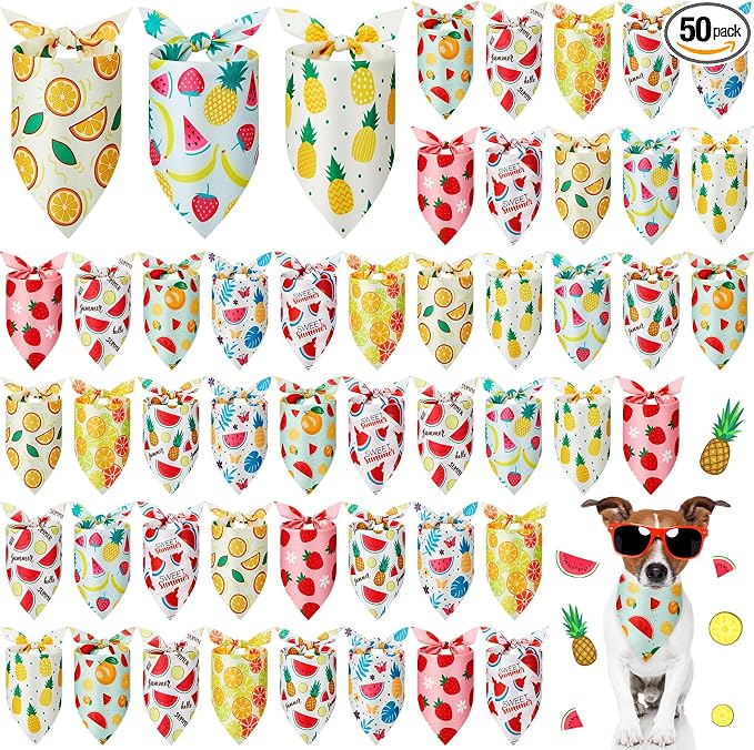 50 Pcs Fruit Dog Bandanas Bulk for Summer Soft Bibs Adjustable Triangle pet Bandana for Small Medium Large Costume(Fruits Pattern, 19.7 x 13.8 x 13.8 Inch)