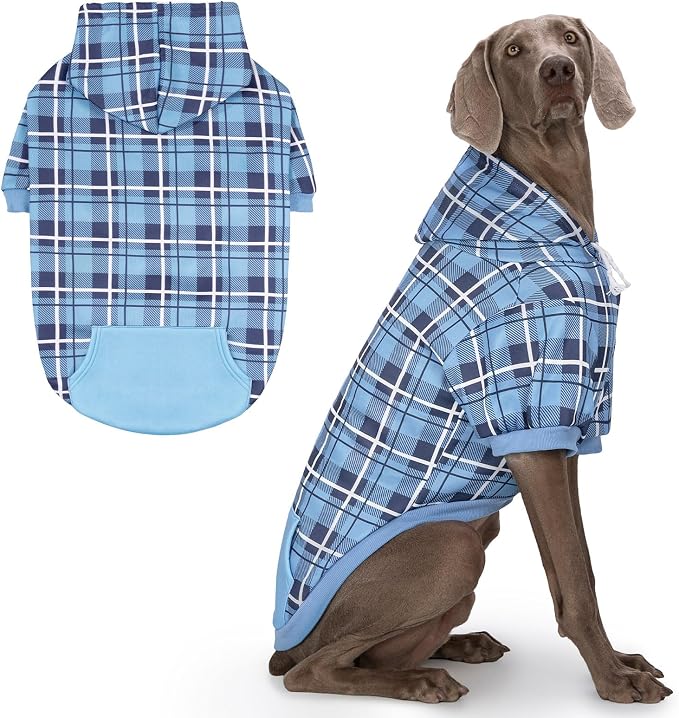 EXPAWLORER Plaid Dog Hoodie - British Style Warm Dog Sweater Shirt with Leash Hole,Pitbull Clothes Outfits,Winter Coat Apparel for All Breeds Puppy Girl Boy-Cat Apparel,Blue X-Large