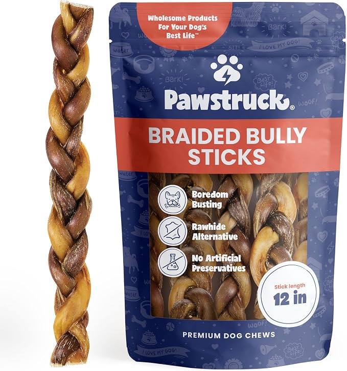 100% Natural 12 in Braided Bully Sticks for Dogs - 1 lb Bag Long Lasting Rawhide Free Single Ingredient Beef Pizzle Chew Treats for Aggressive Chewers and Dental Health