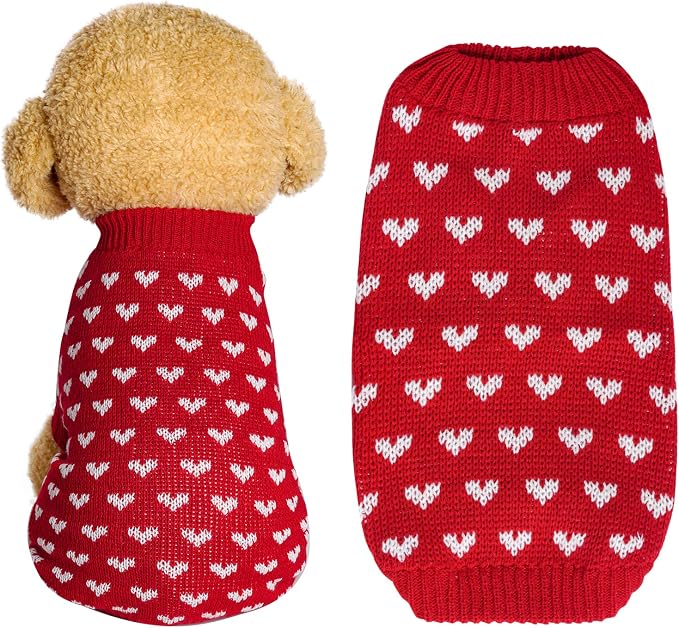 Dxhycc Dog Knitted Heart Sweater Puppy Sweater Warm Soft Pet Holiday Clothes for Medium Cats and Dogs (Red, L)