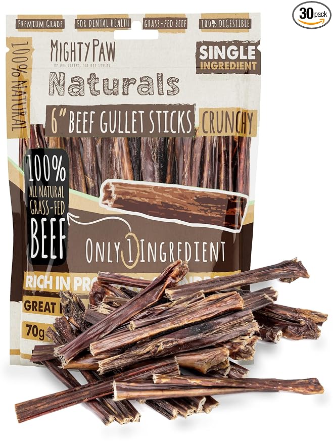 Beef Gullet Sticks for Dogs (6 Inch - 30 Pack) | Premium Beef Esophagus Treats. Gullet Sticks, Ideal for Large and Small Breeds Teething and Light Chewing. Rawhide Free, Bulk Dog Chews