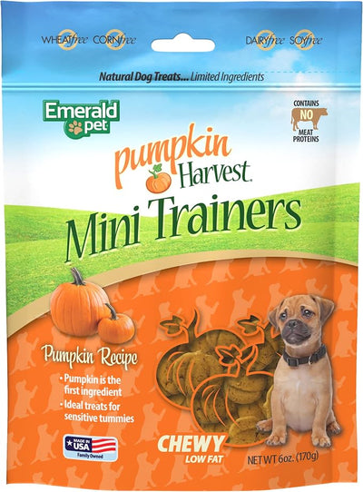 Emerald Pet Pumpkin Harvest Mini Trainers Dog Treats, Pumpkin Flavor, 6 oz – Soft Chewy Low-Fat Training Treats with Real Pumpkin for Digestive Health – Natural, Wheat-Free, Meat-Free, Made in USA