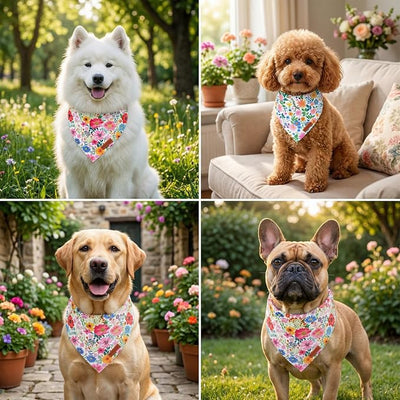 PTDECOR Spring Floral Dog Bandana, Flower Leaves Dog Scarf, Premium Durable Fabric, Adjustable Flower Bandanas for Extra Large Dogs (X-Large)