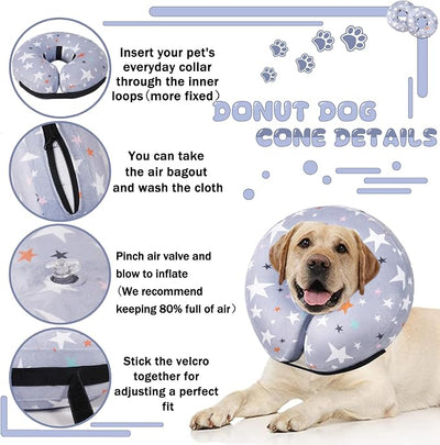 Recovery Donut Collar for Dogs & Cat,Inflatable Dog Cone Collar Alternative After Surgery,Soft Cone for Large Medium Small Dog,Adjustable Pet Neck Donut(Grey Star,Medium