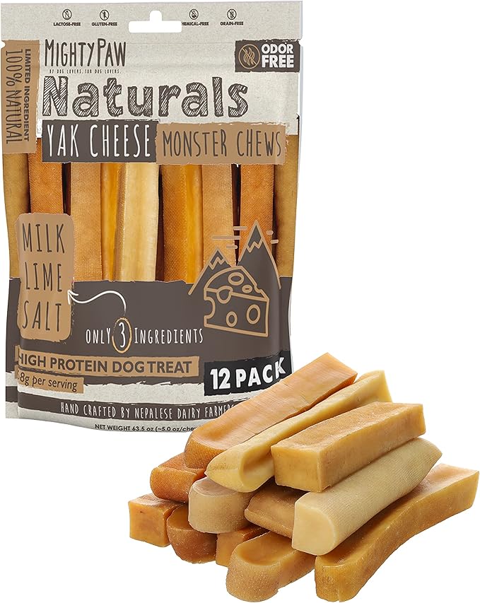 Yak Cheese Chews for Dogs | All-Natural Long Lasting Pet Treats. Odorless and Great for Oral Health. Limited-Ingredient Chews for Puppies & Power-Chewers (Monster, 12 Pack)