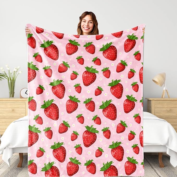 Strawberry Throw Blanket for Women Kids, Strawberry Gifts for Girls Women Teens Mom Birthday, Soft Warm Cozy Fruit Pattern Fleece Blanket for Travel, Cute Pink Home Room Decor for Couch, Bed 50“x60”