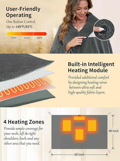 Heated Blanket Throw Battery Operated, Portable Cordless Heated Shawl Ponchol with 4 Heating Areas & 3 Heating Modes,Electric Wearable Heating Outdoor Camping Blanket for Traveling,Picnics