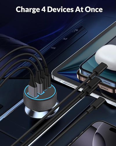 [4 in 1] USB C Car Charger, 4-Port 90W Super Fast Charging Cigarette Lighter Adapter, Dual 45W USBC & USB-A Multiport Car Phone Charger Accessories for iPhone 17 16 15 14 13 12, iPad, Galaxy, Tablet