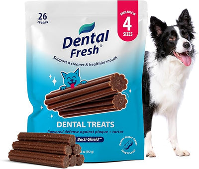 Dental Fresh Dental Treats for Medium Dogs, Vet-Formulated Teeth Cleaning Dental Sticks to Help Reduce Plaque and Tartar and Freshen Breath, 26 Count Brush Free Dental Chews for Dogs 26 to 49 lbs