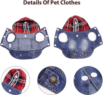 SILD Pet Clothes Dog Jeans Jacket Cool Blue Denim Coat Small Medium Dogs Lapel Vests Classic Hoodies Puppy Blue Vintage Washed Clothes (Plaid Hat,XL)