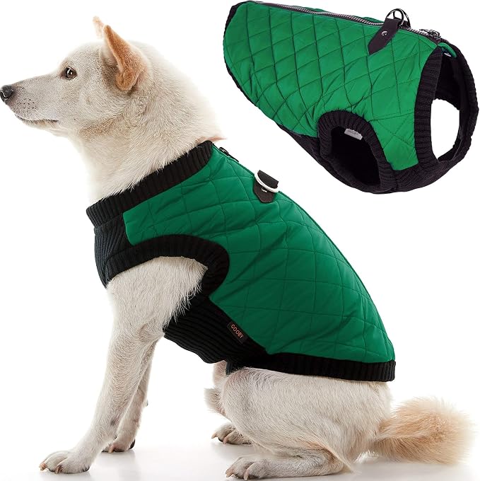 Fashion Vest Dog Jacket - Green, X-Large - Warm Zip Up Bomber Vest with Dual D Ring Leash - Winter Water Resistant Sweater - Dog Clothes for Small or Medium