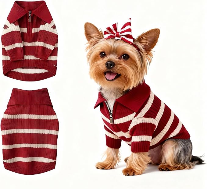 Small Dog Sweater with Zipper, Knitted Striped Pullover Dog Clothes for Cold Weather, Thick Warm Cozy Stretchy Sweater for Chihuahua, Bulldog, Dachshund, Pug(Red & White Strip, S)