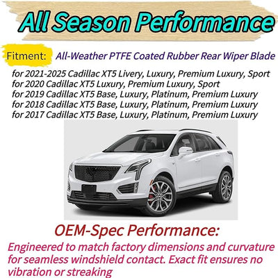 Rear Wiper Blade & Arm Replacement for Cadillac XT5 2017-2025 2024 2023 2022 2021 2020 2019 2018 Base Luxury Platinum Premium Luxury Sport Models - All-Season Rear Back Windshield Wiper Blade Set