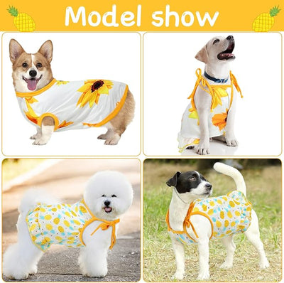 Frienda 4 Pieces Dog Clothes Set Include 2 Pcs Cute Pet Dress Lovely Dog Dress and 2 Pcs Breathable Pet T Shirt Puppy Clothes(Pineapple, Sunflower,Small)
