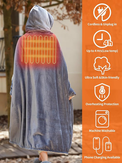 12V Heated Blankets Battery Operated,Cordless Heating Blanket Wearable Shawl,Portable Electric Wrap Poncho Blanket Hoodie,15000mah Sherpa Heated Throw Blanket 3 Heat sets for Car,Indoor,Camping,Picnic