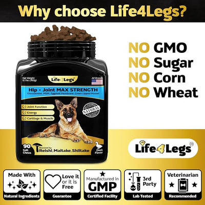 Joint Supplement for Dogs 500mg Glucosamine + 500mg MSM, Eggshell Membrane - Daily Hip and Joint Chews with Chondroitin, Green Lipped Mussel, Duck Flavor, Non-GMO, 90ct