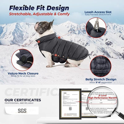 SPACE LION Dog Puffer Jacket, Down Winter Coat, Durable Outdoor Coat for Cold and Windy Conditions, Lightweight & Adjustable Fit Coats for Medium & Large Dogs,(Black, Size16/XL)
