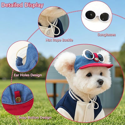 2 Pcs Pet Baseball Cap and Sunglasses, Dog Sun Hat with Ear Holes, Summer Adjustable Buckle Visor Caps for Cats, Small Medium Dogs (Red, Small)