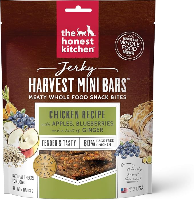 Human Grade Dog Treats Jerky Harvest Mini Bars: Chicken Recipe With Apples & Blueberries, 4 oz Bag