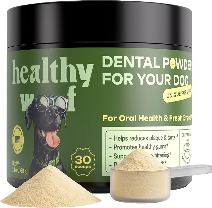 Dental Powder for Dogs Teeth Cleaning. Complete Oral Care Bone Broth. Made in the USA. 2.1 oz, 30 Scoops