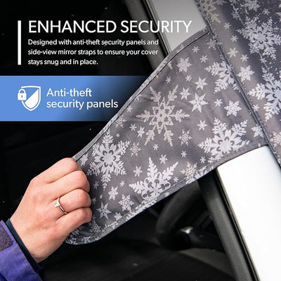 FrostGuard Plus | Winter Windshield Cover for Ice and Snow, Standard Size (Snowflake) - Built-in Security Panels, Wiper Blade Coverage + Mirror Covers - Fits Standard Size Cars, 59 x 41 Inches