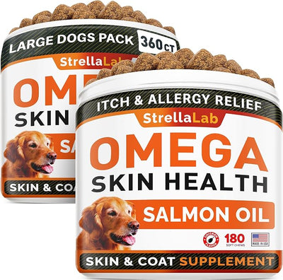 StrellaLab Omega 3 for Dogs - (360Ct) Fish Oil Treats - Allergy & Itch Relief Skin & Coat Supplement - Dry Itchy Skin, Anti Shedding & Hot Spots Treatment - Pet Salmon Oil Chews - Chicken Flavor