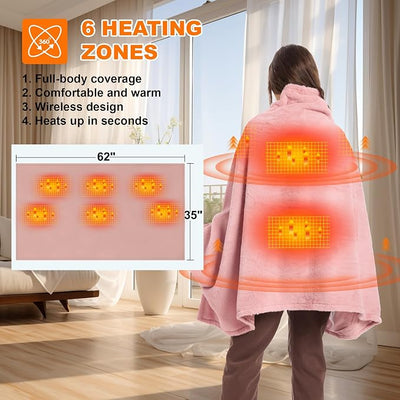 Heated Blanket Battery Operated with Fleece Lining 7.4V 16000mAh Battery 62" x 35" Heated Shawl Wraps for Women Men Cordless USB Outdoor Portable Electric Blanket 6 Heating Zones Rose