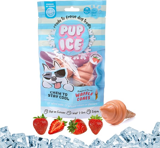 Pup Ice- Ready to Freeze at Home Dog Treats-Edible Chews for Medium Breed Dogs & Puppies with Real Chicken to Keep Your Pup Cool Year Round, Waffle Cone Strawberry Flavor, 2pcs
