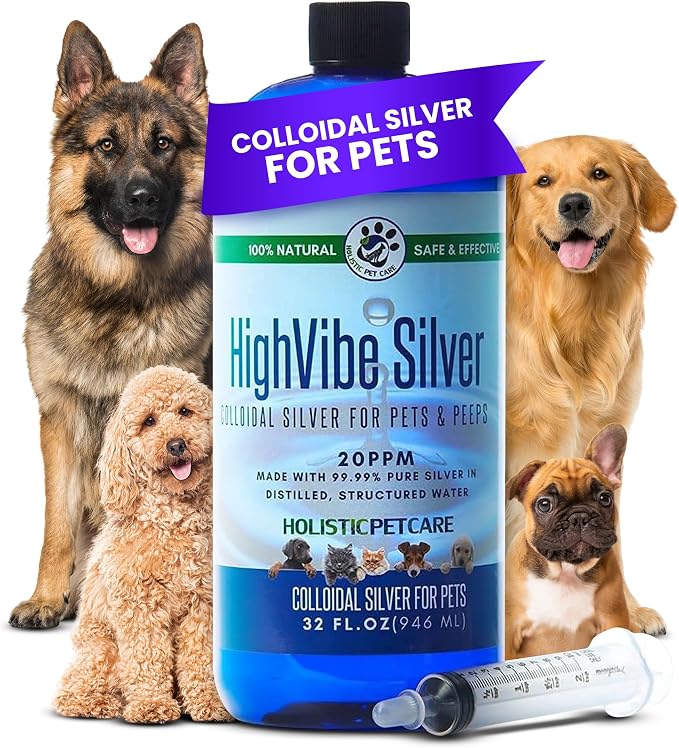 Colloidal Silver for Dogs, Cats, Horses & Birds - 20 PPM Skin Relief & Coat Care Solution, Wellness and Immune Support - All-Natural Colloidal Silver for Pets with Syringe (32 oz)