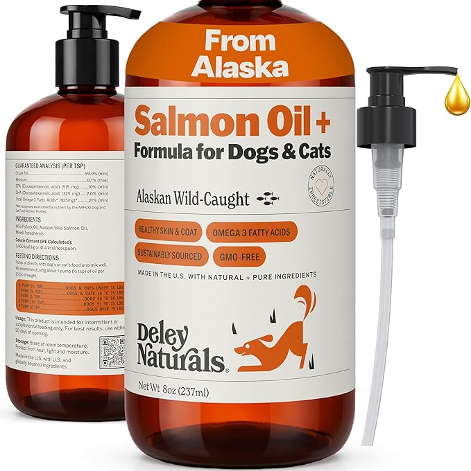 Wild Alaskan Salmon Oil for Dogs & Cats - New and Improved Salmon Oil Plus Formula - Fish Oil for Dogs with Omega 3, DHA and EPA - Omega 3 for Healthy Skin and Coat - 8oz Made in USA