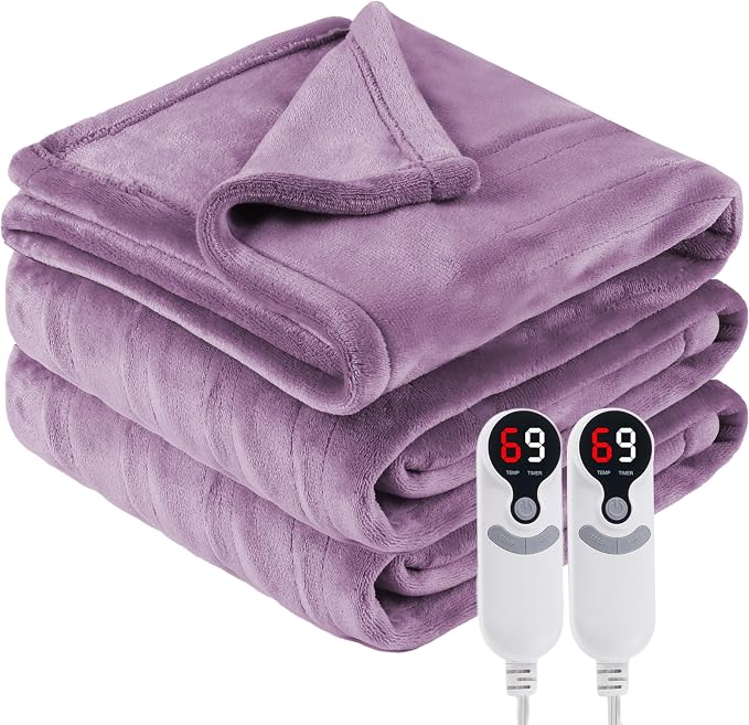 Eydna Electric Heated Blanket Queen Size 84"x90", Soft Plush Microplush for Bed, Dual Controllers & Heating Zones, 1-10Hs Auto Off & 9 Heating Levels, Machine Washable, Gifts for Family-Purple