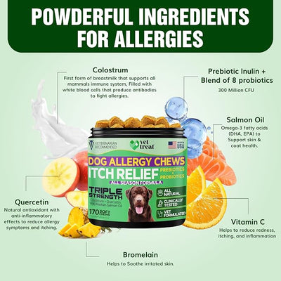 Vet Treat Dog Allergy Relief Chews - 170 Dog Allergy Chews - Itch Relief for Dogs - Anti Itch for Dogs - Dry & Itchy Skin - Allergies & Immune Support Supplement, Omega 3, Fish Oil, Colostrum - USA