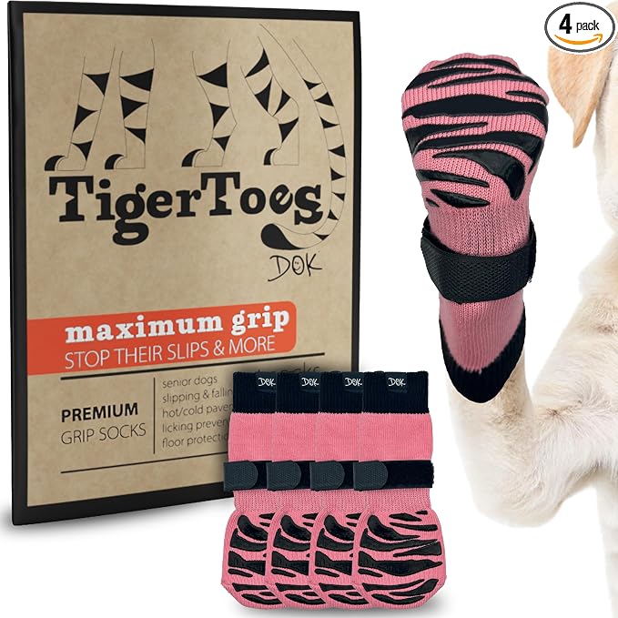 DOK TigerToes Premium Non-Slip Dog Socks for Hardwood Floors - Extra-Thick Grip that Works Even When Twisted - Prevents Licking, Slipping, and Great for Dog Paw Protection (XXS, Sassy Pink)