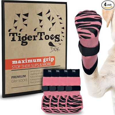 DOK TigerToes Premium Non-Slip Dog Socks for Hardwood Floors - Extra-Thick Grip that Works Even When Twisted - Prevents Licking, Slipping, and Great for Dog Paw Protection (Sassy Pink, X-Small)