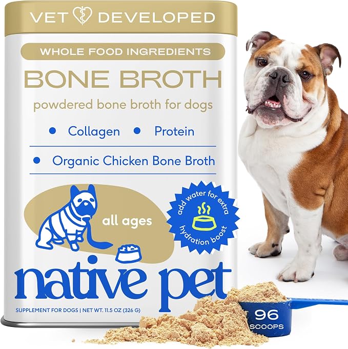 Bone Broth for Dogs and Cats - Chicken Bone Broth Powder Dog Food Toppers for Picky Eaters - Provides Extra Nutrition for Joint Strength, Immune Support & Heart Health - 96 Scoops