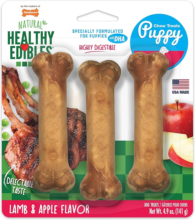 Healthy Edibles Natural Puppy Chews Long Lasting Treats for Puppies, Lamb & Apple Flavor, Small/Regular (3 Count)