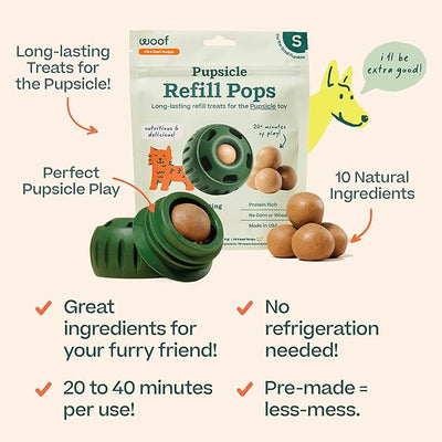 WOOF Pupsicle Refill Pops - Low-Mess Dog Snacks - with Peanut Butter and Beef - Dog Treats - Long Lasting - Small Pops - 10 Count