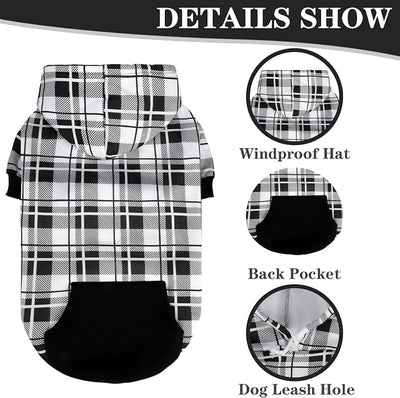 EXPAWLORER Plaid Dog Hoodie - British Style Warm Dog Sweater Shirt with Leash Hole,Pitbull Clothes Outfits,Winter Coat Apparel for All Breeds Puppy Girl Boy-Cat Apparel,Black & White Large