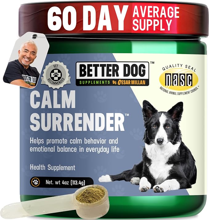 Better Dog Calm Surrender by Cesar Millan® Herbal Dog Calming Support Powder, Calming Supplements for Dogs, Dog Supplements for Travel, Grooming & Loud Noises, Chamomile, Valerian, Catnip, 4oz