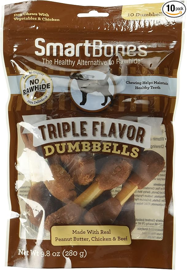 Triple Flavor Dumbbells with Peanut Butter 10 Count, Rawhide-Free Chews for Dogs