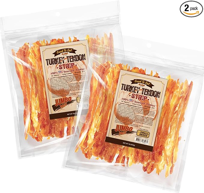 Turkey Tendons for Dogs – All-Natural, Hypoallergenic Dog Treats, Rawhide Alternative, Long Lasting Puppy Chews, Healthy Dog Treats for Small Breeds, Strips, 1 lb (Pack of 2)