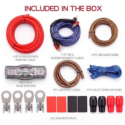 0 Gauge Amplifier Wiring Kit,3000W Car Audio Installation Kit with 17FT CCA Power Cable,RCA Cable,Speaker Wire,100A Fuse Holder – Complete Subwoofer Amp Wiring kit