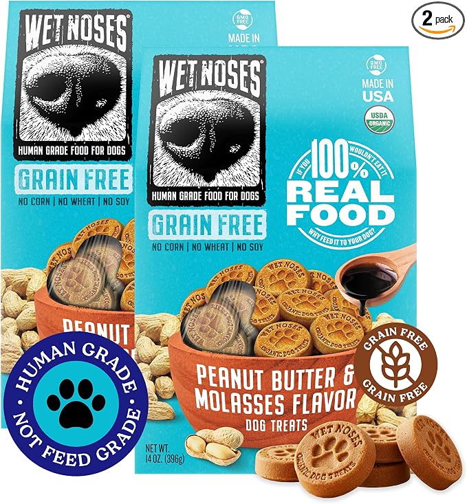 Wet Noses Organic Crunchy Dog Treats – All-Natural, Human-Grade, Non-GMO, Healthy Training & Delicious Snacks for Dogs, for All Dog Sizes & Breeds – Grain Free Peanut Butter & Molasses, 14oz (2 Pack)
