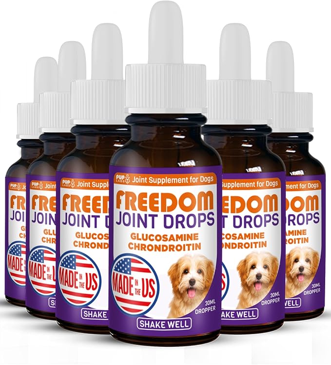 Pup Labs Freedom Joint Drops - Dog Joint Support Supplement with Human-Grade Ingredients - No Fillers, Preservatives, Additives, or Artificial Ingredients, 6 30 ml Droppers