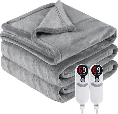 Eydna Electric Heated Blanket Queen Size 84"x90", Soft Plush Microplush for Bed, Dual Controllers & Dual Heating Zones, 1-10 Hours Auto Off & 9 Heating Levels, Machine Washable, Gifts for Womens-Gray
