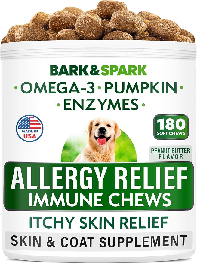 BARK&SPARK Dog Allergy Relief Soft Chews for Skin Health & Seasonal Allergies - Anti-Itch Supplement w/Omega-3, Quercetin & Bromelain Immune Treats for Dry Skin & Hot Spots - Peanut Butter - 180ct