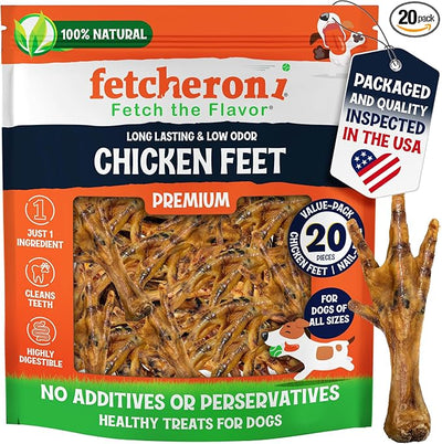 FETCHERONI Premium Chicken Feet Dog Treats - Dehydrated Poultry Foot - No Additives - Digestible Chew - Joint Health Support - All Natural (20-Pack)