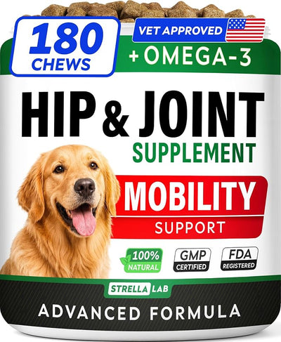 Advanced Hip & Joint Supplement for Dogs, w/Glucosamine & Omega-3-6 Fish Oil - Chondroitin MSM - Advanced Mobility Chews - Joint Pain Relief - Hip & Joint Care - Made in USA (180Ct)