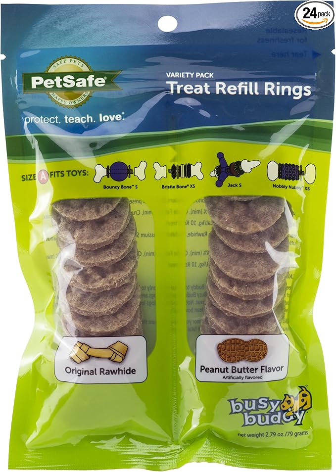 PetSafe Rawhide Treat Ring Refills, Variety Pack, Size A, Original Rawhide and Peanut Butter Flavor, Replacement Treats Busy Buddy Treat Ring Holding Toys