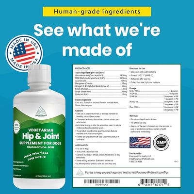 Plant-Based Liquid Glucosamine for Dogs, 1600mg Joint Support, MSM, Glucosamine & Omega 3-6-9, Shellfish-Free Dog Arthritis Supplement for Mobility & Flexibility, Made in USA, 32 oz